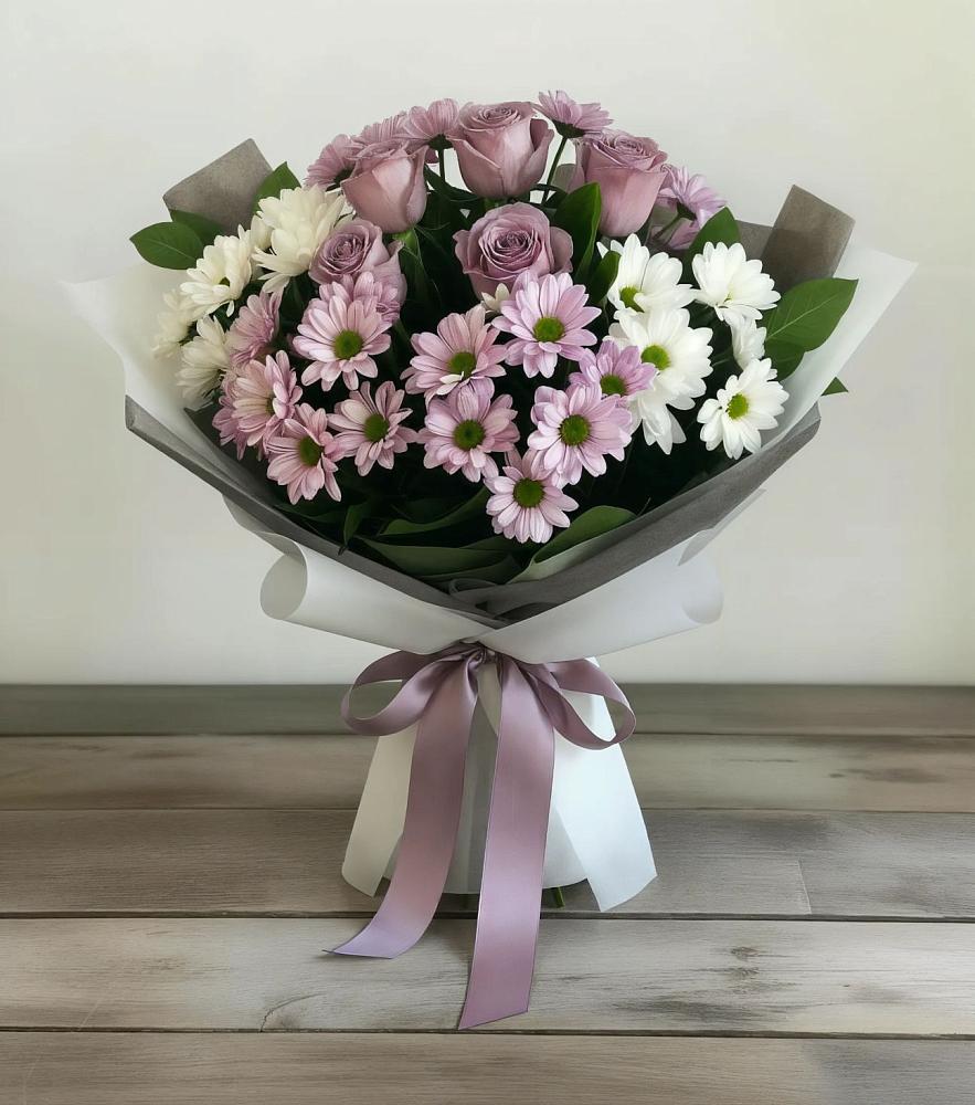 Букет цветов из: Хризантемы и Розы в Шелкозаводской