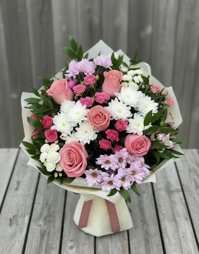 Букет цветов из: Альстромерии, Гвоздики, Розы и Хризантемы в Шелкозаводской
