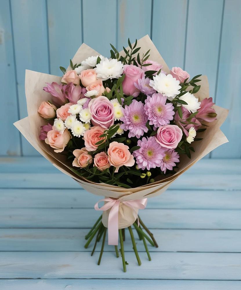 Букет цветов из: Хризантемы, Розы и Альстромерии в Шелкозаводской