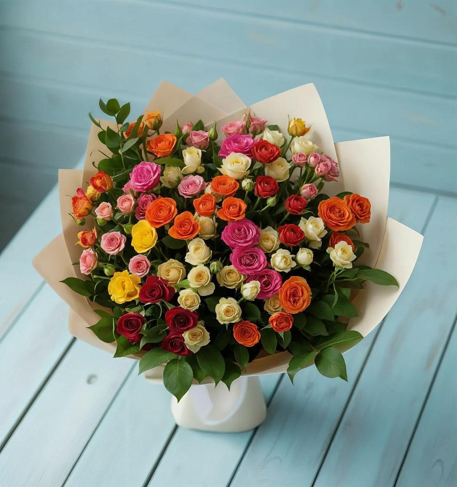Букет Микс из разноцветных кустовых роз в Шелкозаводской