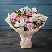Букет цветов из:  Хризантемы, Альстромерии и Розы в Шелкозаводской