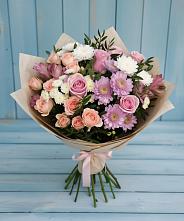 Букет цветов из:  Хризантемы, Розы и Альстромерии в Шелкозаводской