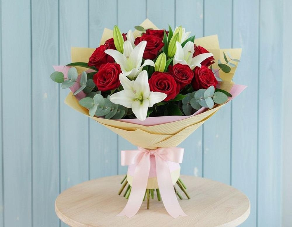 Букет цветов из: Лилии и Розы в Шелкозаводской